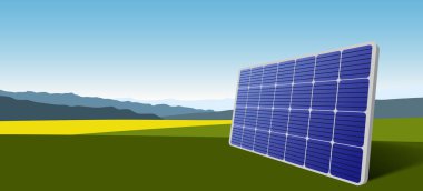 Güneş paneli, doğadaki güneş enerjili cam hücreler. Yeşil sürdürülebilir çevre dostu enerji, alternatif güç kavramı. Vektör illüstrasyonu