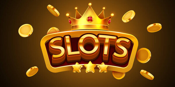 Slots golden banner. Sign with golden letters and crown. Vector illustration