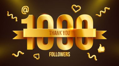 1k ya da 1000 takipçi teşekkür eder. Kurdeleli altın sayılar. Sosyal ağ arkadaşları, takipçileri, web kullanıcıları. Aboneler, takipçiler ya da kutlamaları severler. Vektör illüstrasyonu