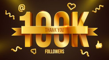 100 bin ya da 100 bin takipçi, teşekkür ederim. Kurdeleli altın sayılar. Sosyal ağ arkadaşları, takipçileri, web kullanıcıları. Aboneler, takipçiler ya da kutlamaları severler. Vektör illüstrasyonu