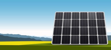 Güneş paneli, doğadaki güneş enerjili cam hücreler. Yeşil sürdürülebilir çevre dostu enerji, alternatif güç kavramı. Vektör illüstrasyonu