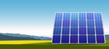 Güneş paneli, doğadaki güneş enerjili cam hücreler. Yeşil sürdürülebilir çevre dostu enerji, alternatif güç kavramı. Vektör illüstrasyonu