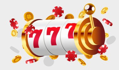 Altın kumar makinesi ikramiyeyi kazandı. 777 Büyük Kazanç konsepti. Kumarhane ikramiyesi. Vektör illüstrasyonu