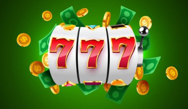 Kumar makinesi büyük ikramiyeyi kazandı. 777 Büyük Kazanç konsepti. Kumarhane ikramiyesi. Vektör illüstrasyonu