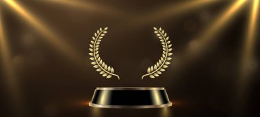 Arkaplanda defne çelengi olan yuvarlak podyum ödülü. Zaferin, başarının, başarının, kazananın ödülünün vektör altın sembolü. Vektör illüstrasyonu