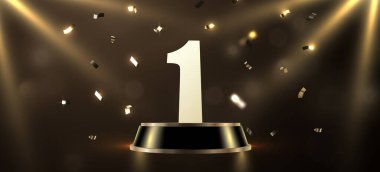 Kazanan ödül. Düşen konfetiyle podyumda altın bir numara. Vektör illüstrasyonu.