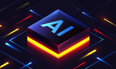 Devre kartında parlak cam bir yapay zeka çipi var. Teknoloji geçmişi. Teknik bg 'de işlemci. Ana kartta bilgisayar mikroçipi var. Vektör illüstrasyonu