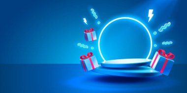 Hediye sahnesi mega satış, alışveriş podyumu afişi, neon gece kaidesi. Vektör