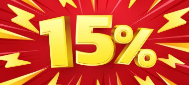 Yüzde 15 indirim. 3D numara 15. Satış afişi. Vektör illüstrasyonu.