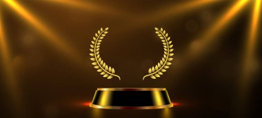 Arkaplanda defne çelengi olan yuvarlak podyum ödülü. Zaferin, başarının, başarının, kazananın ödülünün vektör altın sembolü. Vektör illüstrasyonu