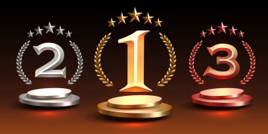 Ödül adaylığı podyumu, altın ödül etkinliği, birincilik, ikincilik, üçüncülük, sahne yıldızı töreni. Vektör