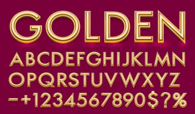 Altın yazı tipi koleksiyonu, harfler ve sayılar sembolü. Vektör illüstrasyonu