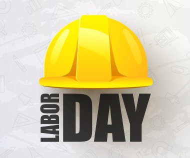 İşçi Bayramı bayrağınız kutlu olsun. Miğferli tasarım şablonu. Vektör illüstrasyonu