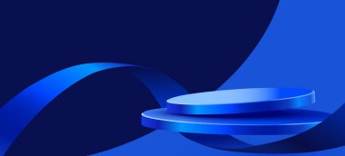 Soyut sahne arkaplanı. Kurdeleli silindir podyum arka planı. Ürün sunumu, modelleme, kozmetik ürünler, podyum, sahne kaidesi veya platformu. Vektör illüstrasyonu