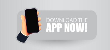 Uygulamayı indir. Uygulama yükleme pankartı. Akıllı telefonlu bir el. Vektör illüstrasyonu