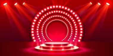 Kırmızı Arkaplanda Ödül Töreniyle Sahne Podyumu Sahnesi. Vektör illüstrasyonu