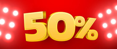 Yüzde 50 indirim. 3D numara 50. Satış afişi. Vektör illüstrasyonu.