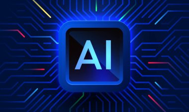 Devre kartında parlak bir yapay zeka çipi var. Teknoloji geçmişi. Teknik bg 'de işlemci. Ana kartta bilgisayar mikroçipi var. Vektör illüstrasyonu