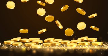 Düşen paralar, düşen paralar, uçan altın paralar, altın yağmurlar. Büyük ikramiye ya da başarı konsepti. Modern arka plan. Vektör illüstrasyonu