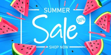 Yaz indirimi posteri ya da renkli karpuz dilimli pankart şablonu. Yaz sezonu için promosyon ve alışveriş şablonu. Vektör illüstrasyonu