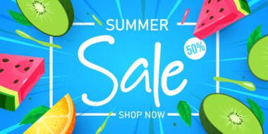 Yaz indirimi posteri ya da renkli karpuz, portakal ve kivi meyveli pankart şablonu. Yaz sezonu için promosyon ve alışveriş şablonu. Vektör illüstrasyonu