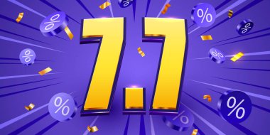 7.7 indirimli satış geçmişi. Alışveriş günü için vektör illüstrasyonu, online alışveriş, özel teklif kuponu, fiş, afiş şablonu, web siteleri, sosyal medya reklamcılığı. Vektör illüstrasyonu