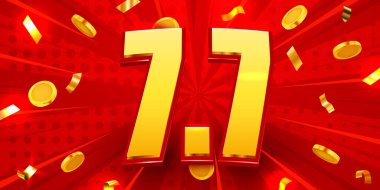 7.7 indirimli satış geçmişi. Alışveriş günü için vektör illüstrasyonu, online alışveriş, özel teklif kuponu, fiş, afiş şablonu, web siteleri, sosyal medya reklamcılığı. Vektör illüstrasyonu