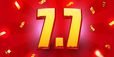 7.7 indirimli satış geçmişi. Alışveriş günü için vektör illüstrasyonu, online alışveriş, özel teklif kuponu, fiş, afiş şablonu, web siteleri, sosyal medya reklamcılığı. Vektör illüstrasyonu