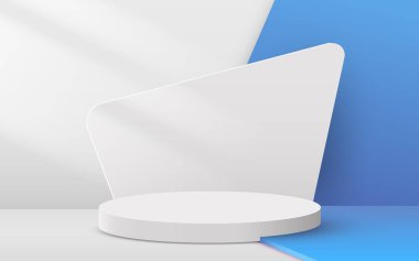 Soyut sahne arkaplanı. Mavi arka planda silindir podyum. Ürün sunumu, modelleme, kozmetik ürünler, podyum, sahne kaidesi veya platformu. Vektör illüstrasyonu