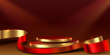 Ödüllerin altın sahne seremonileri. Silindir podyum arka plan kurdeleleri. Ürün sunumu, modelleme, ürün, podyum, sahne kaidesi veya platformu. Vektör