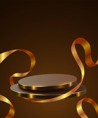 Soyut sahne arkaplanı. Kurdeleli silindir podyum arka planı. Ürün sunumu, modelleme, kozmetik ürünler, podyum, sahne kaidesi veya platformu. Vektör illüstrasyonu