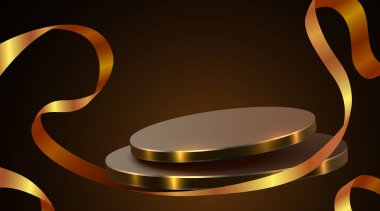 Soyut sahne arkaplanı. Kurdeleli silindir podyum arka planı. Ürün sunumu, modelleme, kozmetik ürünler, podyum, sahne kaidesi veya platformu. Vektör illüstrasyonu