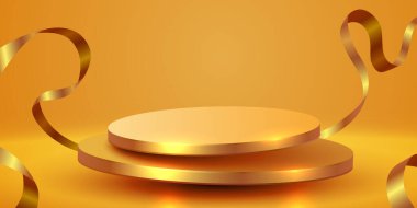 Soyut sahne arkaplanı. Kurdeleli silindir podyum arka planı. Ürün sunumu, modelleme, kozmetik ürünler, podyum, sahne kaidesi veya platformu. Vektör illüstrasyonu