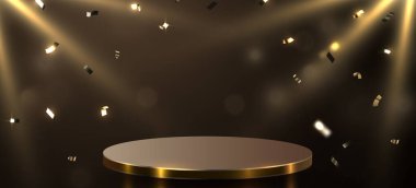 Karanlık arka planda ödül kürsüsü. Zafer, başarı, başarı, kazananın ödülü. Vektör illüstrasyonu