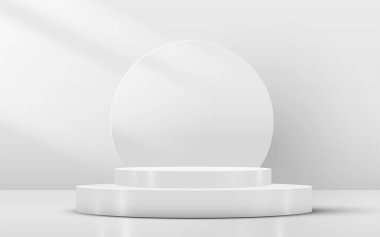 Soyut sahne arkaplanı. Beyaz arka planda silindir podyum. Ürün sunumu, taklit et. Podyum, sahne kaidesi ya da platform. Vektör illüstrasyonu