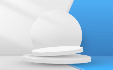 Soyut sahne arkaplanı. Mavi arka planda silindir podyum. Ürün sunumu, taklit et. Podyum, sahne kaidesi ya da platform. Vektör illüstrasyonu