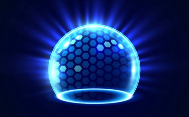 3D şeffaf kürenin koruyucu kalkanı. Altıgen desenli ve koyu arkaplanda parlak elementler var. Enerji bariyeri, güç alanı, koruma ya da savunma konsepti. Vektör illüstrasyonu