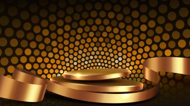 Ödüllerin altın sahne seremonileri. Silindir podyum arka plan kurdeleleri. Ürün sunumu, modelleme, ürün, podyum, sahne kaidesi veya platformu. Vektör