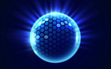 3D şeffaf kürenin koruyucu kalkanı. Altıgen desenli ve koyu arkaplanda parlak elementler var. Enerji bariyeri, güç alanı, koruma ya da savunma konsepti. Vektör illüstrasyonu