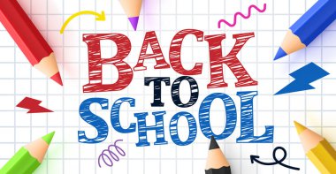 Kare kağıt ve kalemlerin üzerine kalemle karalama yapılmış okul afişi. Okul afişine geri dön, poster. Vektör illüstrasyonu