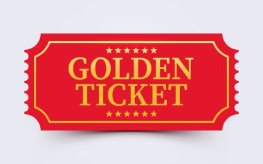 Altın bilet modeli beyaz arka planda izole edildi. Sinema, tiyatro, konser, parti, etkinlik, festival davetiyesi girişi. Vektör illüstrasyonu