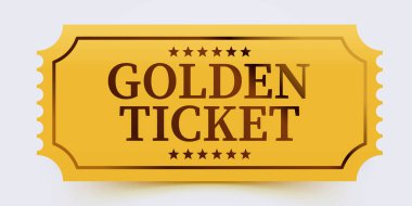 Altın bilet modeli beyaz arka planda izole edildi. Sinema, tiyatro, konser, parti, etkinlik, festival davetiyesi girişi. Vektör illüstrasyonu