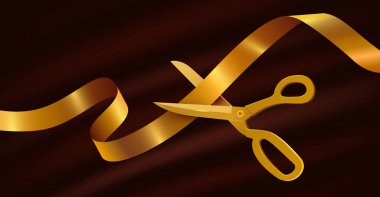 Büyük açılış etkinliği. Altın Makasla Şenlik Kurdelesi Kesimi. Vektör illüstrasyonu