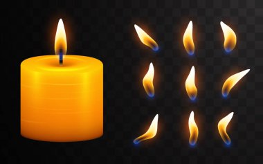 Vektör 3d gerçekçi turuncu parafin veya mum yakma ve şeffaflık şebekesi arka planında izole edilmiş farklı bir mum yakma alevi. Tasarım şablonu. Vektör illüstrasyonu