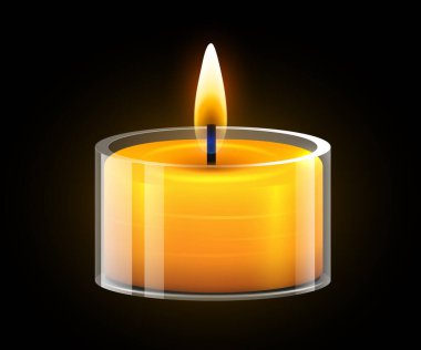 Kavanoz mumları yanıyor. Sarı mum, arka planda altın alevli cam. Vektör illüstrasyonu