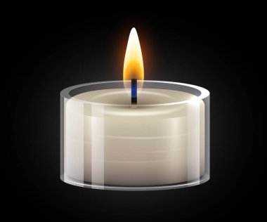 Kavanoz mumları yanıyor. Sarı mum, arka planda altın alevli cam. Vektör illüstrasyonu