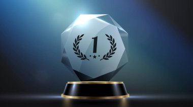 Arkaplanda defne çelengi olan cam ödüllü podyum ödülü. Zaferin, başarının, başarının, kazananın ödülünün sembolü. Vektör illüstrasyonu