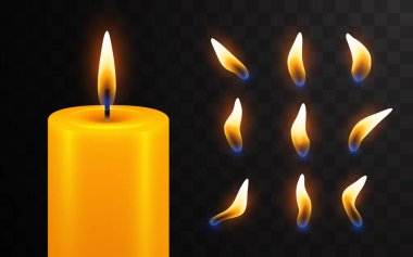 Vektör 3d gerçekçi turuncu parafin veya mum yakma ve şeffaflık şebekesi arka planında izole edilmiş farklı bir mum yakma alevi. Tasarım şablonu. Vektör illüstrasyonu