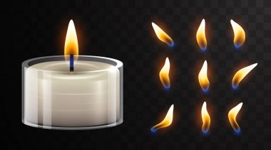 Vektör 3d gerçekçi yanan kavanoz mumu ve farklı alev setleri şeffaflık şebekesi arka planında izole edildi. Tasarım şablonu. Vektör illüstrasyonu