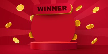 Bozuk para patlamalı podyum sahnesi. Kazanan konsept. Vektör illüstrasyonu